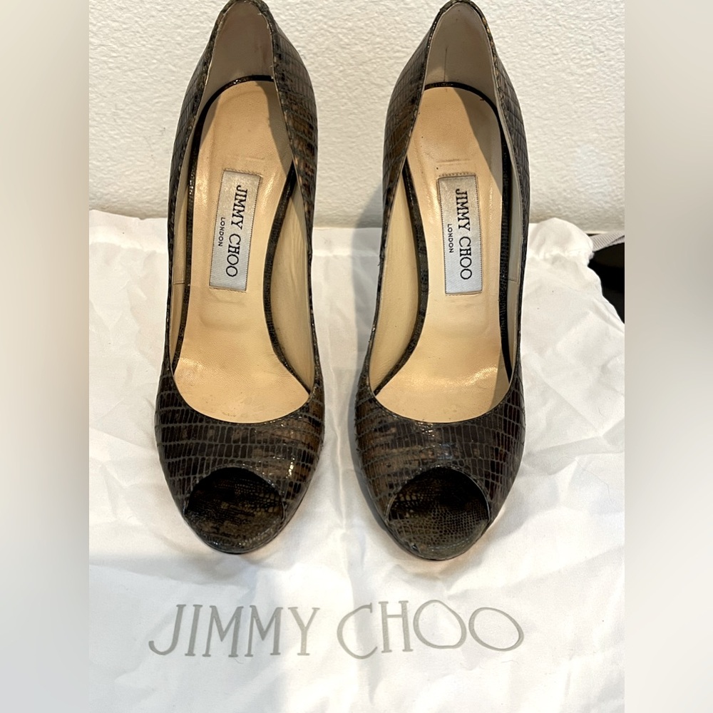 Jimmy Choo Gray Reptile Leather Peep Toe Stiletto High Heels 38 - Picture 4 of 9